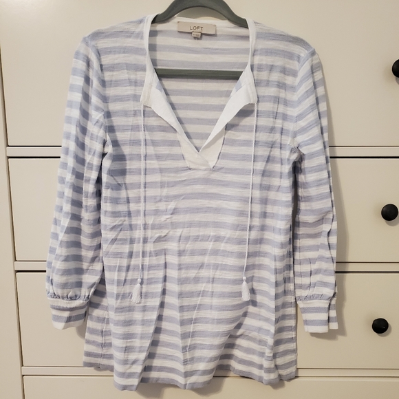 LOFT Tops - LOFT Blue and White Striped Drawstring Sweater